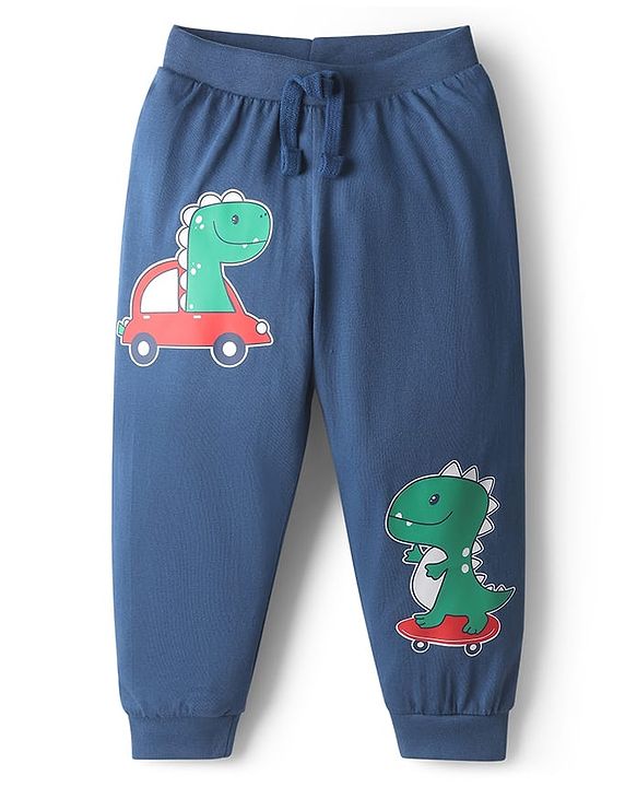 Babyhug Cotton Knit Full Length Dino & Vehicles Printed Lounge Pants Pack Of 2 - Red & Navy Blue