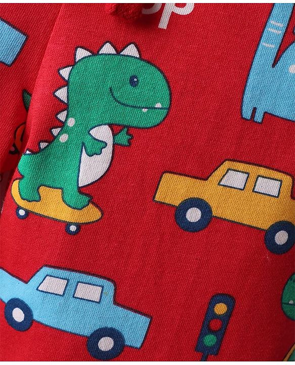 Babyhug Cotton Knit Full Length Dino & Vehicles Printed Lounge Pants Pack Of 2 - Red & Navy Blue