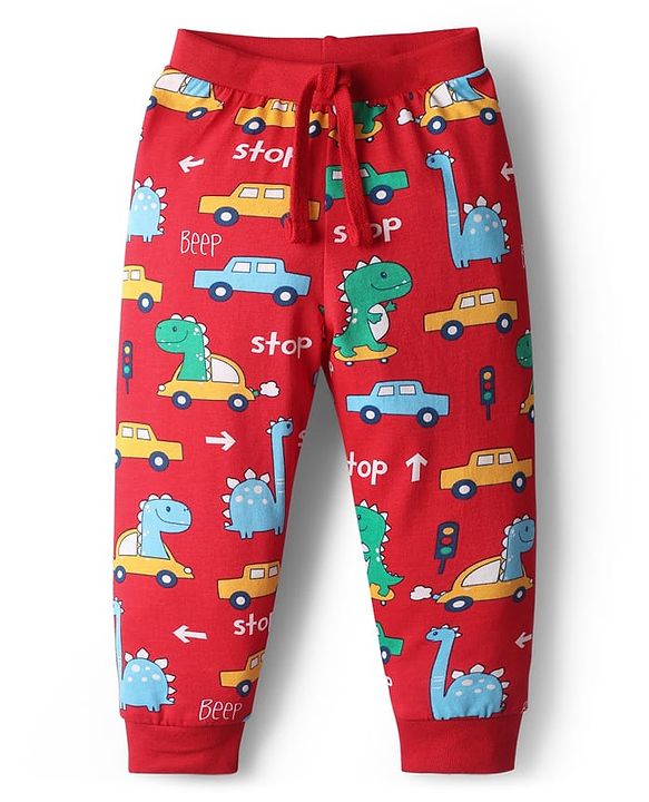 Babyhug Cotton Knit Full Length Dino & Vehicles Printed Lounge Pants Pack Of 2 - Red & Navy Blue