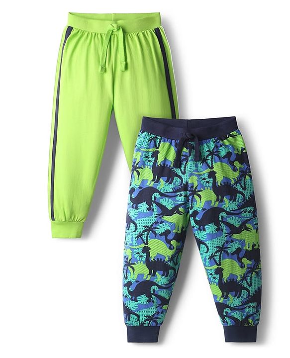 Babyhug Cotton Knit Full Length Dino Printed Lounge Pants Pack Of 2 - Light Green & Navy Blue