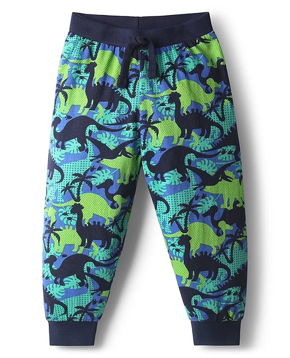 Babyhug Cotton Knit Full Length Dino Printed Lounge Pants Pack Of 2 - Light Green & Navy Blue