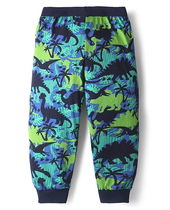Babyhug Cotton Knit Full Length Dino Printed Lounge Pants Pack Of 2 - Light Green & Navy Blue