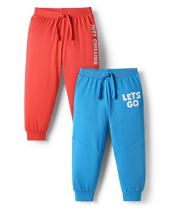 Babyhug Cotton Knit Full Length Text Printed Lounge Pants Pack Of 2 - Blue & Red