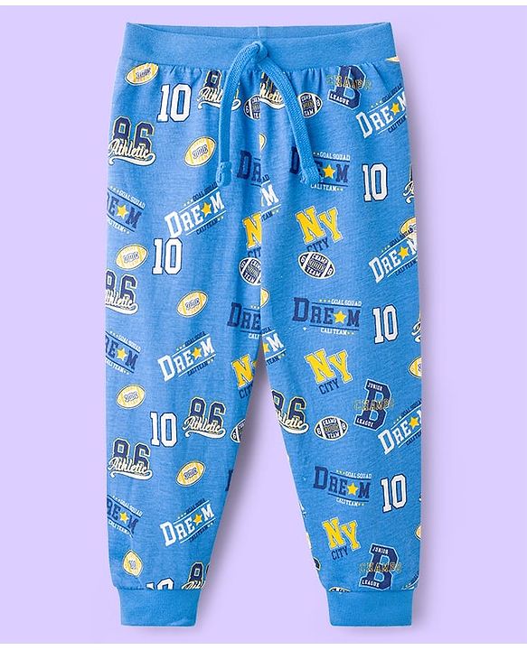 Babyhug Cotton Knit Full Length Lounge Pant With Text Print Pack Of 2 - Blue & White