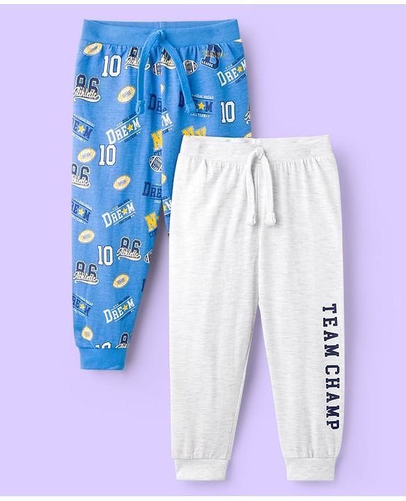 Babyhug Cotton Knit Full Length Lounge Pant With Text Print Pack Of 2 - Blue & White