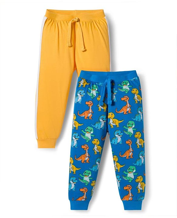 Babyhug Cotton Knit Full Length Lounge Pant With Dino Print Pack Of 2 - Yellow & Blue