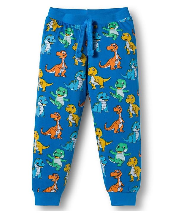 Babyhug Cotton Knit Full Length Lounge Pant With Dino Print Pack Of 2 - Yellow & Blue