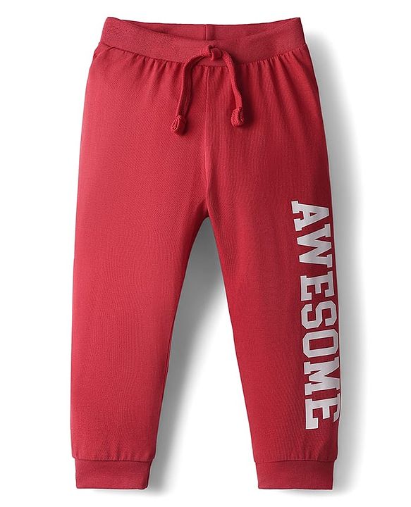 Babyhug Cotton Knit Full Length Text Printed Lounge Pants Pack Of 2 - Red & Navy Blue
