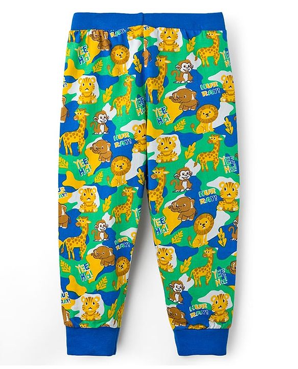 Babyhug Cotton Knit Full Length Lounge Pant with Animal Print Pack of 2- Yellow & Blue