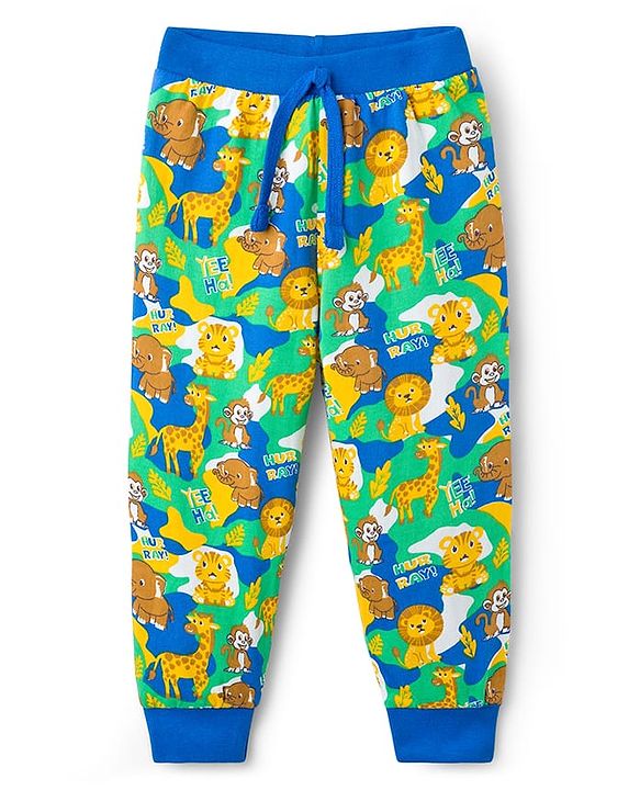 Babyhug Cotton Knit Full Length Lounge Pant with Animal Print Pack of 2- Yellow & Blue
