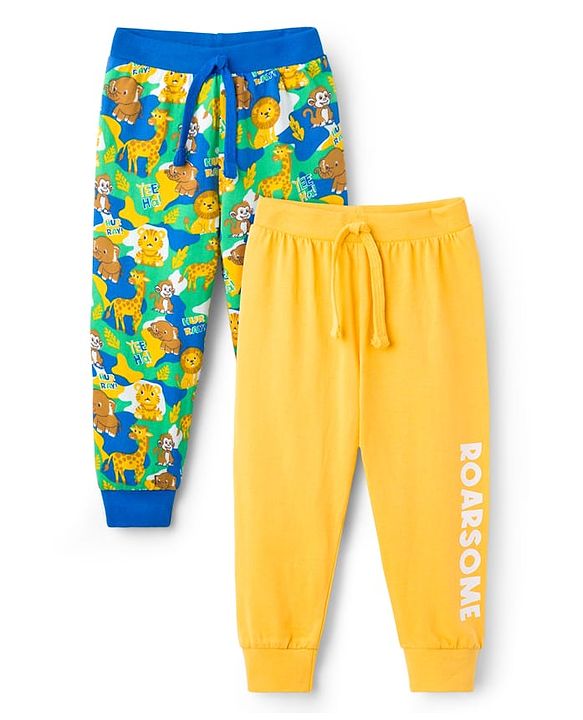 Babyhug Cotton Knit Full Length Lounge Pant with Animal Print Pack of 2- Yellow & Blue