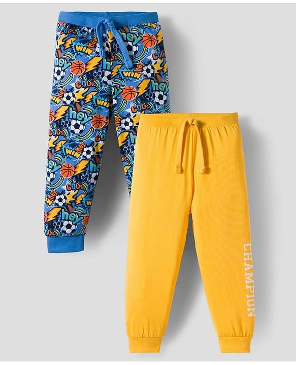 Babyhug Cotton Knit Full Length Lounge Pants with Sports Print Pack of 2 - Yellow & Blue