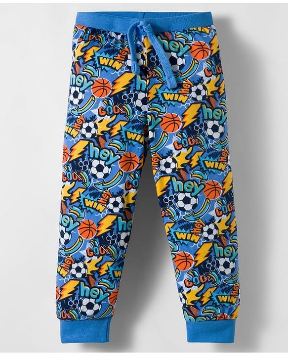 Babyhug Cotton Knit Full Length Lounge Pants with Sports Print Pack of 2 - Yellow & Blue