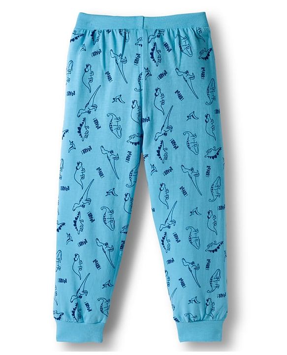 Babyhug Cotton Knit Full Length Lounge Pant With Dino Print Pack Of 2 - Light Blue & Coral