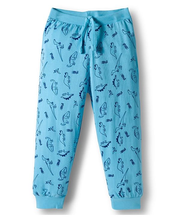 Babyhug Cotton Knit Full Length Lounge Pant With Dino Print Pack Of 2 - Light Blue & Coral