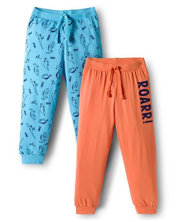 Babyhug Cotton Knit Full Length Lounge Pant With Dino Print Pack Of 2 - Light Blue & Coral