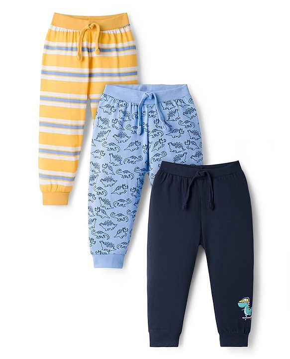 Babyhug Cotton Knit Full Length Lounge Pant With Dino Print Pack Of 3 - Yellow Navy Blue & Light Blue