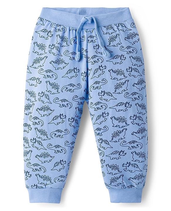 Babyhug Cotton Knit Full Length Lounge Pant With Dino Print Pack Of 3 - Yellow Navy Blue & Light Blue