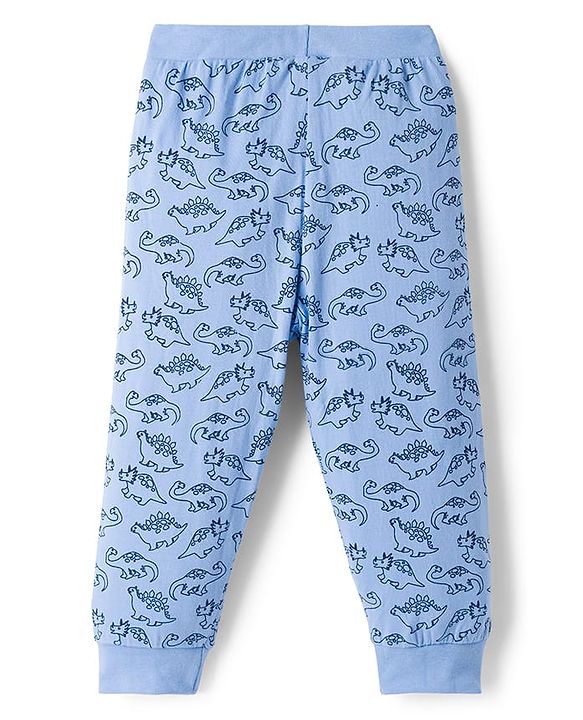 Babyhug Cotton Knit Full Length Lounge Pant With Dino Print Pack Of 3 - Yellow Navy Blue & Light Blue