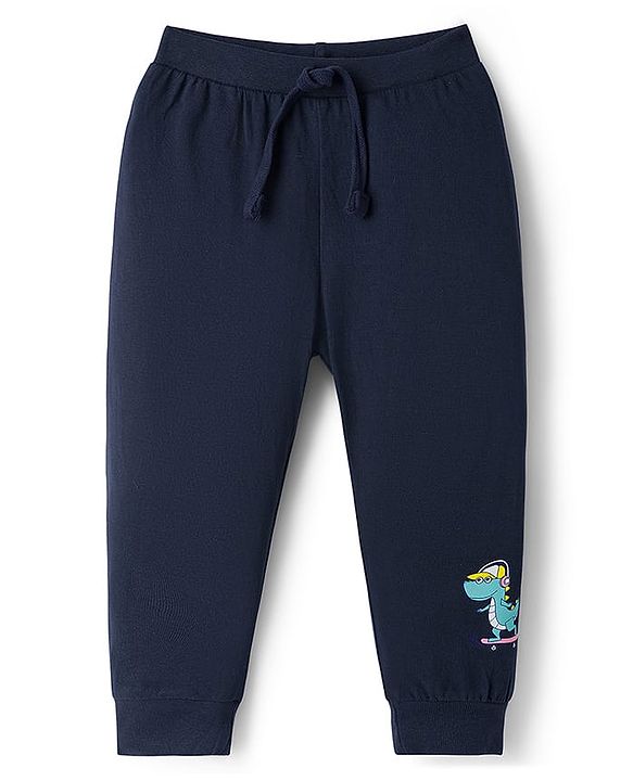 Babyhug Cotton Knit Full Length Lounge Pant With Dino Print Pack Of 3 - Yellow Navy Blue & Light Blue