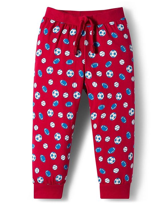 Babyhug Cotton Knit Full Length Lounge Pants with Sports Print Pack of 3 - Red Grey & Blue