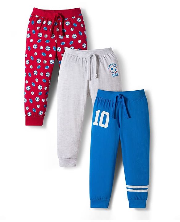 Babyhug Cotton Knit Full Length Lounge Pants with Sports Print Pack of 3 - Red Grey & Blue