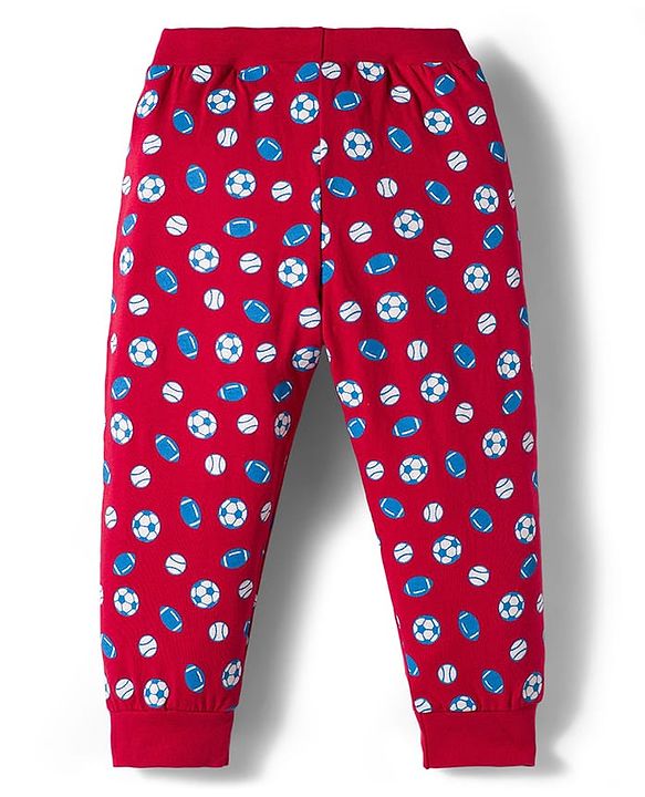 Babyhug Cotton Knit Full Length Lounge Pants with Sports Print Pack of 3 - Red Grey & Blue