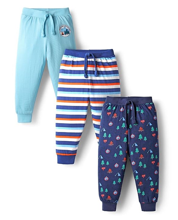 Babyhug Cotton Knit Full Length Lounge Pants with Stripes & Nautical Theme Print Pack of 3 - Multicolor