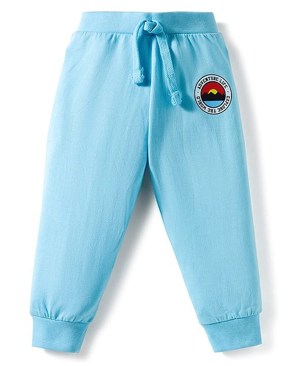 Babyhug Cotton Knit Full Length Lounge Pant With Text Print Pack Of 3 - Light Blue Yellow & Blue