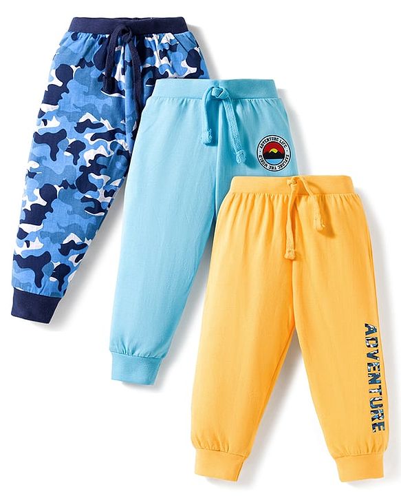 Babyhug Cotton Knit Full Length Lounge Pant With Text Print Pack Of 3 - Light Blue Yellow & Blue