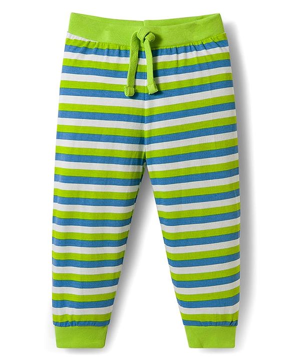Babyhug Cotton Knit Full Length Lounge Pant With Stripes Pack Of 3 - Lime Green & Blue