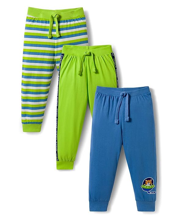 Babyhug Cotton Knit Full Length Lounge Pant With Stripes Pack Of 3 - Lime Green & Blue