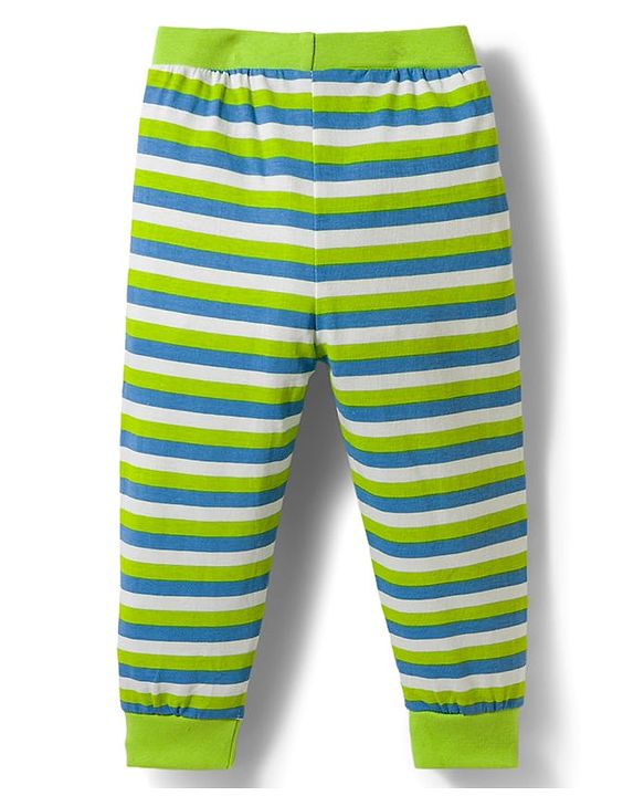 Babyhug Cotton Knit Full Length Lounge Pant With Stripes Pack Of 3 - Lime Green & Blue