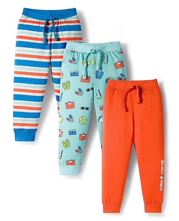 Babyhug Cotton Knit Full Length Striped & Printed Lounge Pants Pack of 3 - Orange & Blue