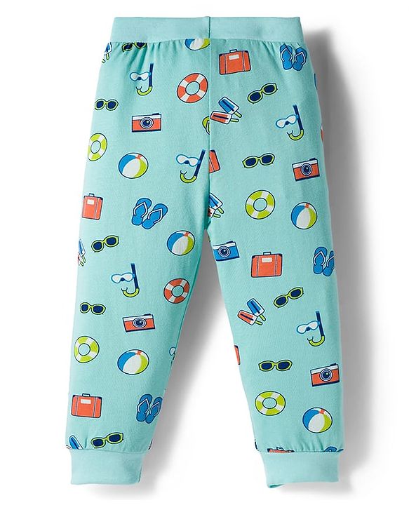 Babyhug Cotton Knit Full Length Striped & Printed Lounge Pants Pack of 3 - Orange & Blue