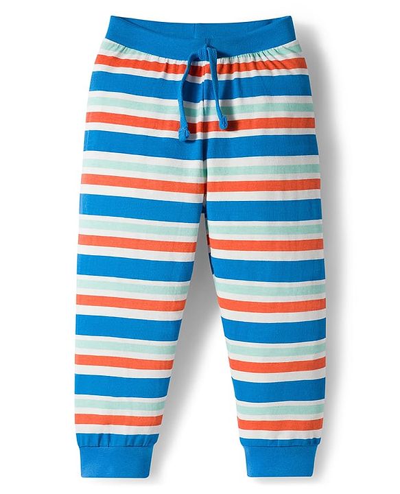 Babyhug Cotton Knit Full Length Striped & Printed Lounge Pants Pack of 3 - Orange & Blue