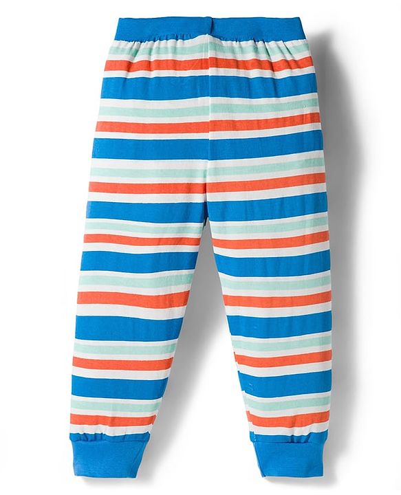 Babyhug Cotton Knit Full Length Striped & Printed Lounge Pants Pack of 3 - Orange & Blue