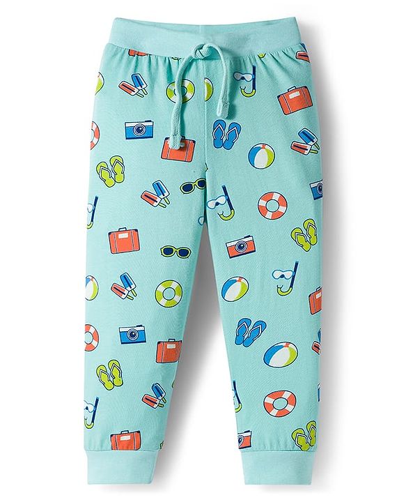 Babyhug Cotton Knit Full Length Striped & Printed Lounge Pants Pack of 3 - Orange & Blue