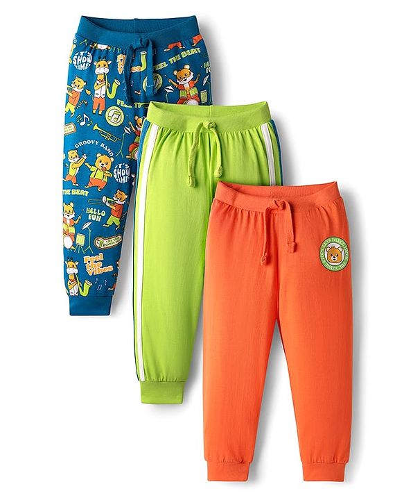 Babyhug Cotton Knit Full Length Lounge Pants with Bear Print & Tape Detailing Pack of 3 - Blue Green & Orange