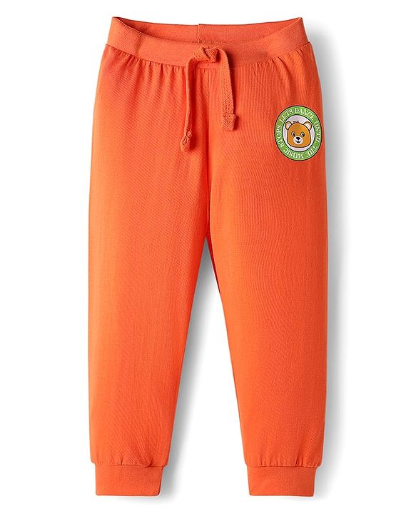 Babyhug Cotton Knit Full Length Lounge Pants with Bear Print & Tape Detailing Pack of 3 - Blue Green & Orange
