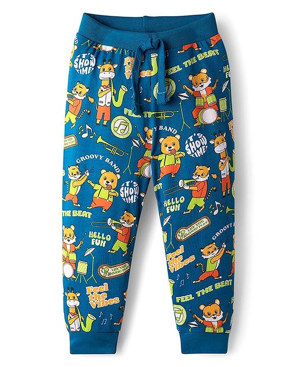 Babyhug Cotton Knit Full Length Lounge Pants with Bear Print & Tape Detailing Pack of 3 - Blue Green & Orange