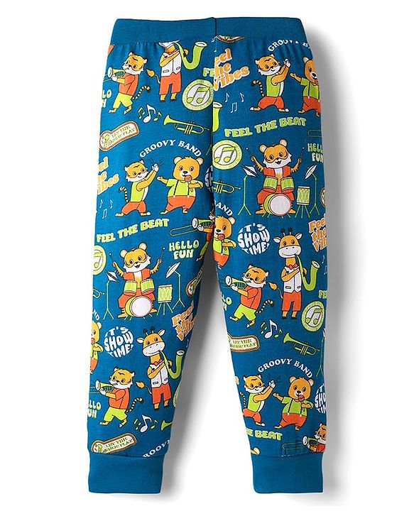 Babyhug Cotton Knit Full Length Lounge Pants with Bear Print & Tape Detailing Pack of 3 - Blue Green & Orange