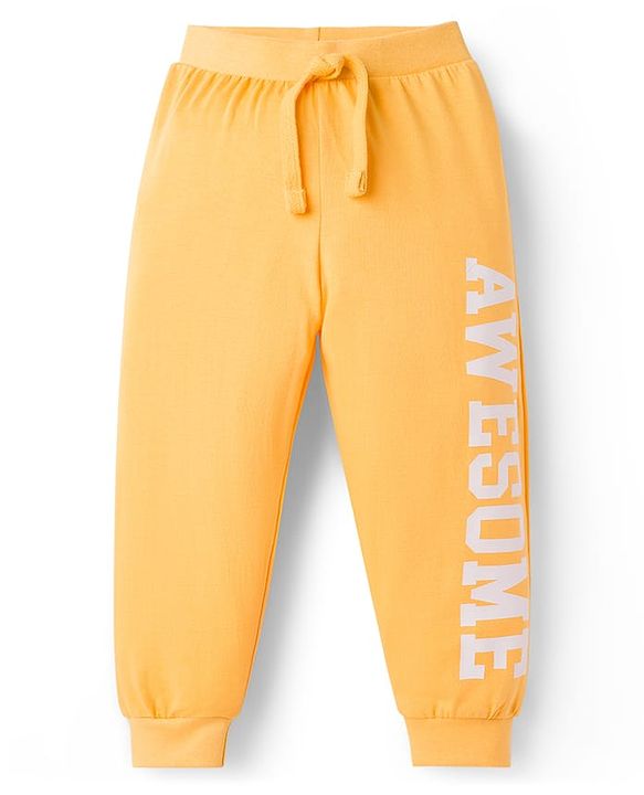 Babyhug Cotton Knit Full Length Lounge Pants With Text Print Pack Of 3 - Green Red & Yellow