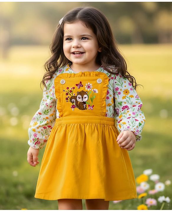 Babyhug Cotton Woven Frock with Full Sleeves Inner Top with Floral Print & Embroidery - Yellow & White