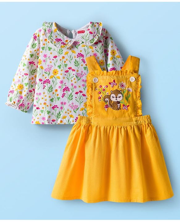 Babyhug Cotton Woven Frock with Full Sleeves Inner Top with Floral Print & Embroidery - Yellow & White