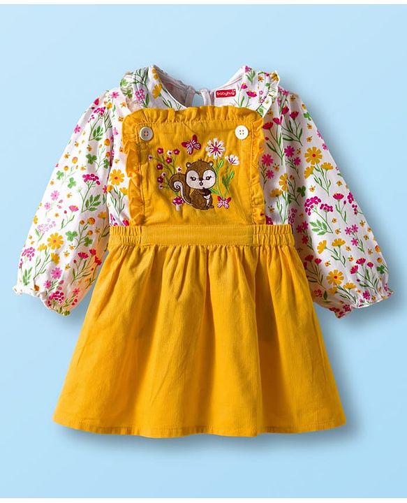 Babyhug Cotton Woven Frock with Full Sleeves Inner Top with Floral Print & Embroidery - Yellow & White
