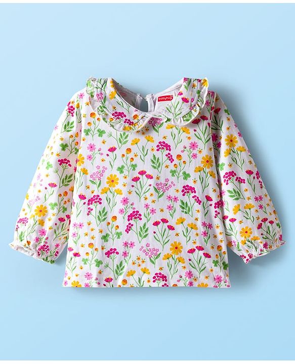 Babyhug Cotton Woven Frock with Full Sleeves Inner Top with Floral Print & Embroidery - Yellow & White