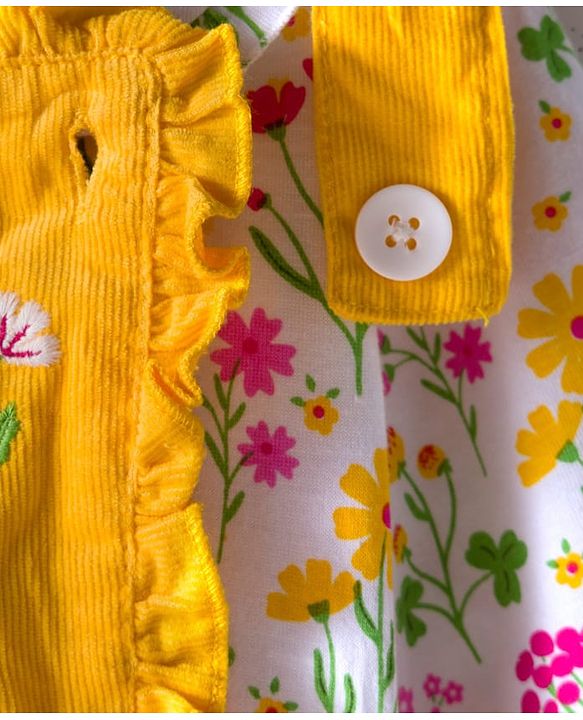Babyhug Cotton Woven Frock with Full Sleeves Inner Top with Floral Print & Embroidery - Yellow & White