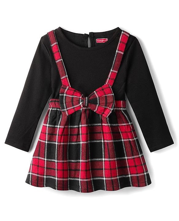 Babyhug Cotton Woven Full Sleeves Frock with Check Print Bow Applique - Black & Red