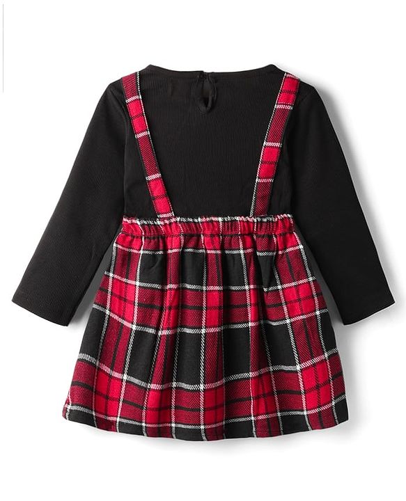 Babyhug Cotton Woven Full Sleeves Frock with Check Print Bow Applique - Black & Red